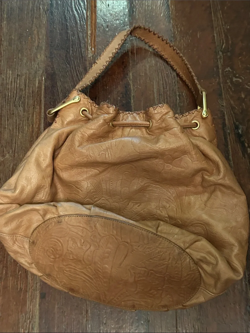 Ralph Lauren Tan Embossed Leather Drawstring Hobo